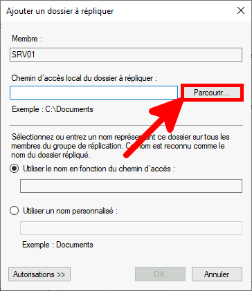 Capture d'écran de la boîte de dialogue Ajouter un dossier à répliquer dans l'assistant Nouveau groupe de réplication, avec le bouton Parcourir en surbrillance pour sélectionner le chemin local du dossier à répliquer.