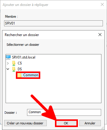 Capture d'écran de la fenêtre Parcourir le dossier dans la boîte de dialogue Ajouter un dossier à répliquer, montrant la sélection du dossier « Common » sur le serveur SRV01, avec le bouton OK en surbrillance pour confirmer la sélection.