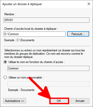 Capture d'écran de la boîte de dialogue Ajouter un dossier à répliquer de l'assistant Nouveau groupe de réplication, montrant le chemin du dossier sélectionné « D:\Common » avec le bouton OK en surbrillance pour confirmer les paramètres du dossier de réplication.