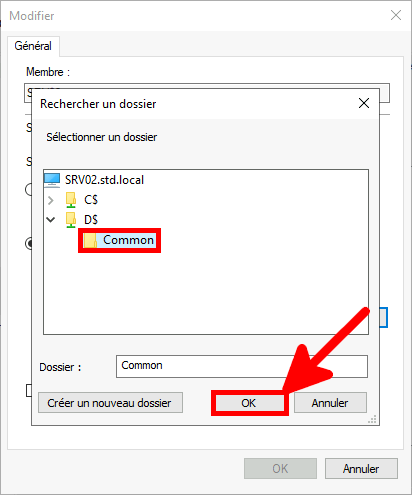 Capture d'écran de la boîte de dialogue Parcourir le dossier pour SRV02, montrant le dossier commun sélectionné et le bouton OK mis en évidence pour confirmer le choix du dossier.