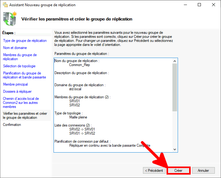 Capture d'écran de l'étape Examiner les paramètres et créer un groupe de réplication, affichant le résumé des paramètres du groupe de réplication, avec le bouton Créer en surbrillance pour lancer la configuration du groupe de réplication.