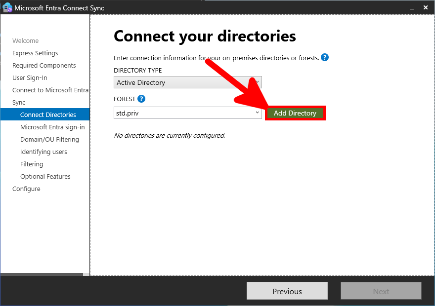 Écran de Microsoft Entra Connect Sync pour connecter des répertoires. Le type de répertoire est défini sur 'Active Directory' avec 'std.priv' saisi comme nom de forêt. Une flèche pointe vers le bouton 'Ajouter un répertoire,' soulignant la prochaine action pour configurer la connexion du répertoire.