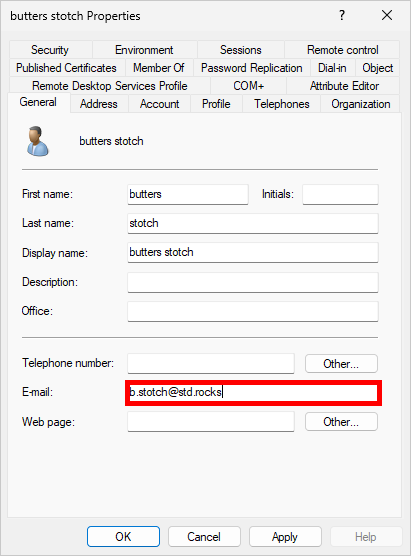 Fenêtre des propriétés de l'utilisateur Active Directory pour 'butters stotch.' Le champ E-mail affiche 'b.stotch@std.rocks,' indiquant l'adresse e-mail attribuée à l'utilisateur.