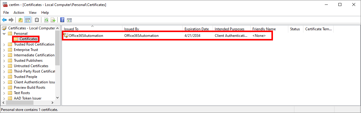 Capture d'écran du gestionnaire de certificats Windows montrant un certificat nommé Office365Automation dans le magasin de certificats personnels.