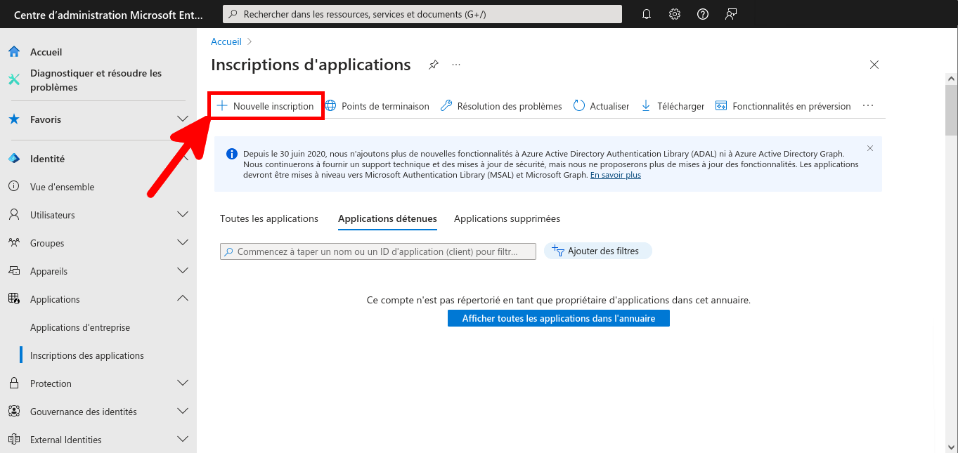 Microsoft Entra, menu Inscription d'applications avec nouvelle inscription encadré en rouge
