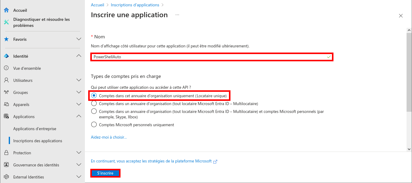 Microsoft Entra, menu Inscrire une application