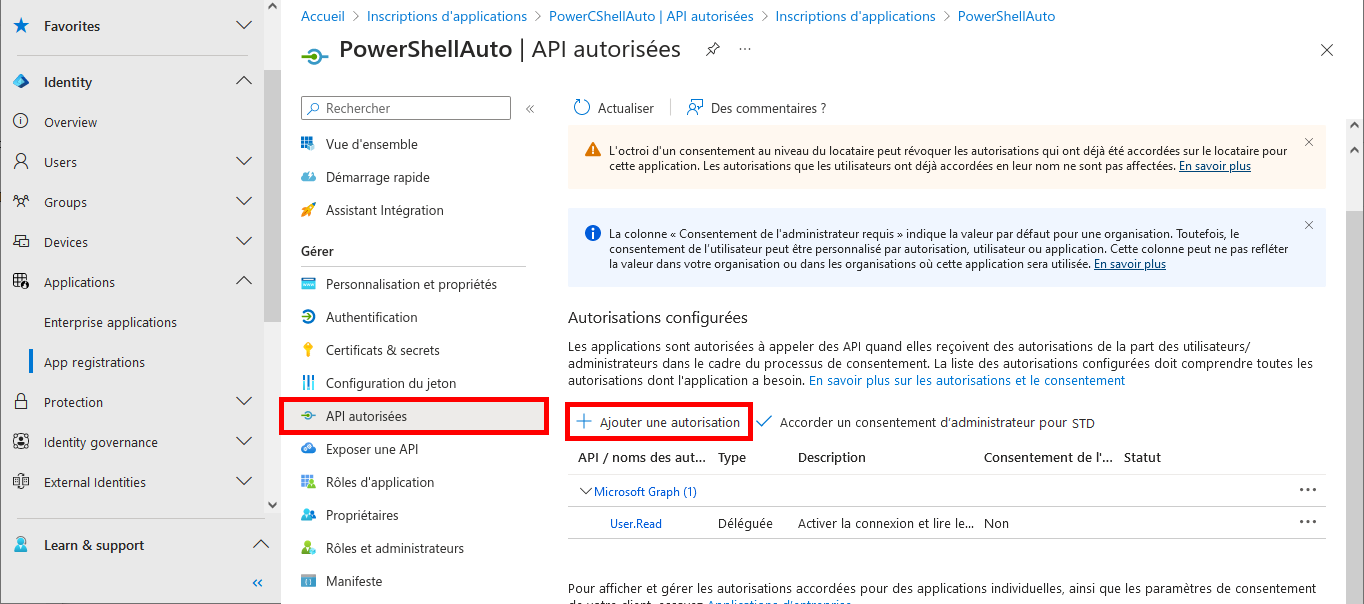 Capture d'écran de la page API autorisées dans Microsoft Entra avec le bouton Ajouter une autorisation et la section des autorisations configurées pour PowerShellAuto mis en évidence.