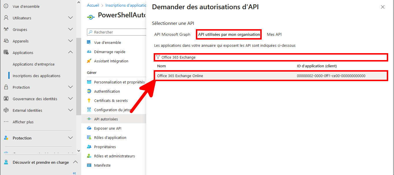 Capture d'écran de la page Demander des autorisations d'API dans Microsoft Entra avec l'onglet API utilisées par mon organisation et l'option Office 365 Exchange Online mis en évidence.