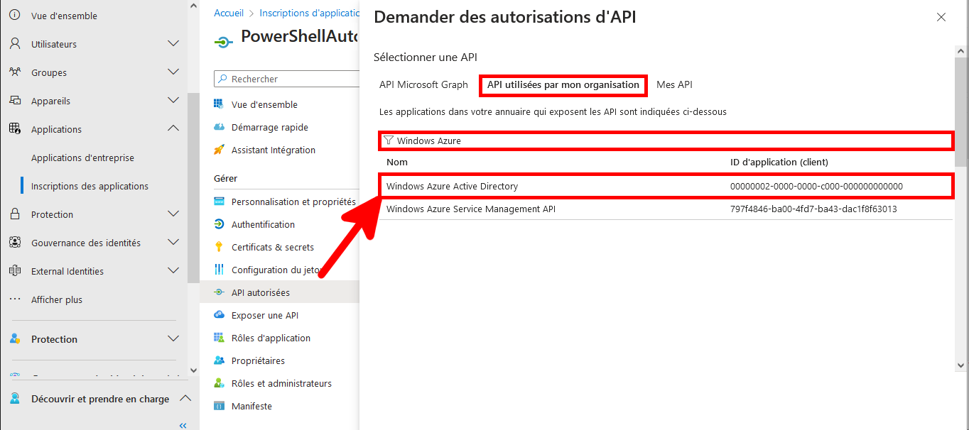 Microsoft Entra, menu Demander des autorisations d'API, sélectionner l'api Windows Azure Active Directory