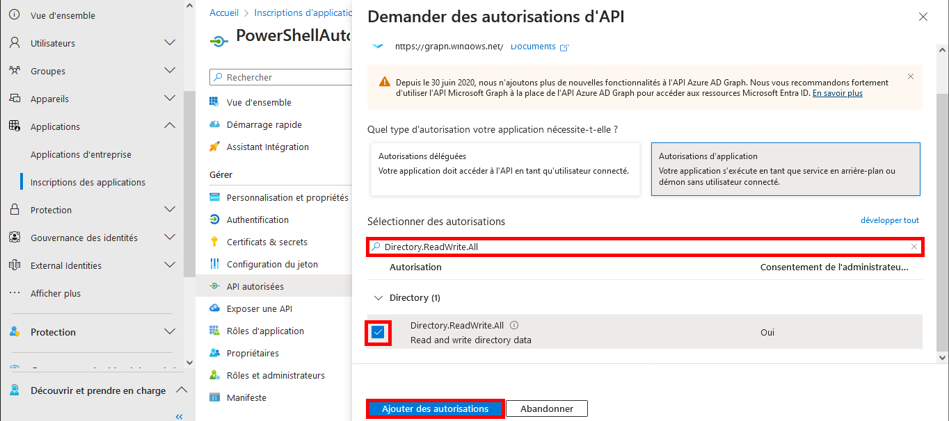 Microsoft Entra, menu Demander des autorisations d'API, sélection de l'autorisation Directory.ReadWrite.All permission