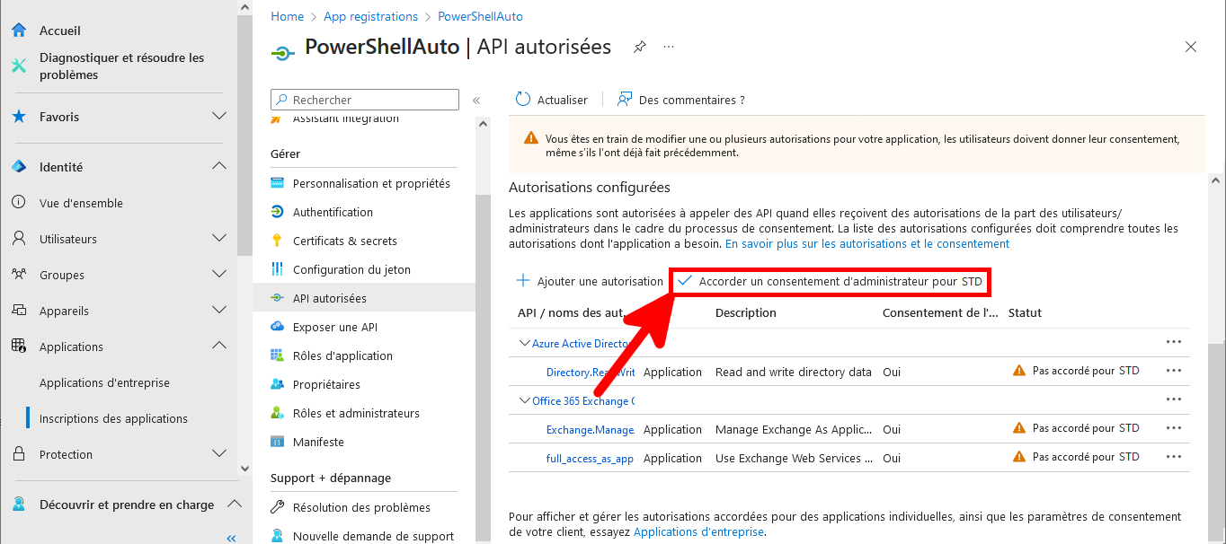 Capture d'écran de la page API autorisées dans Microsoft Entra avec le bouton Accorder un consentement d'administrateur pour STD et les autorisations configurées mises en évidence.