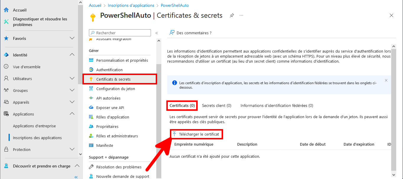 Capture d'écran de la page Certificats et secrets dans Microsoft Entra avec l'onglet Certificats et le bouton Télécharger le certificat mis en évidence.