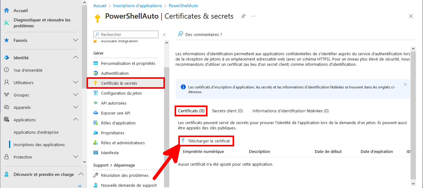 Microsoft Entra, menu certificats et secrets