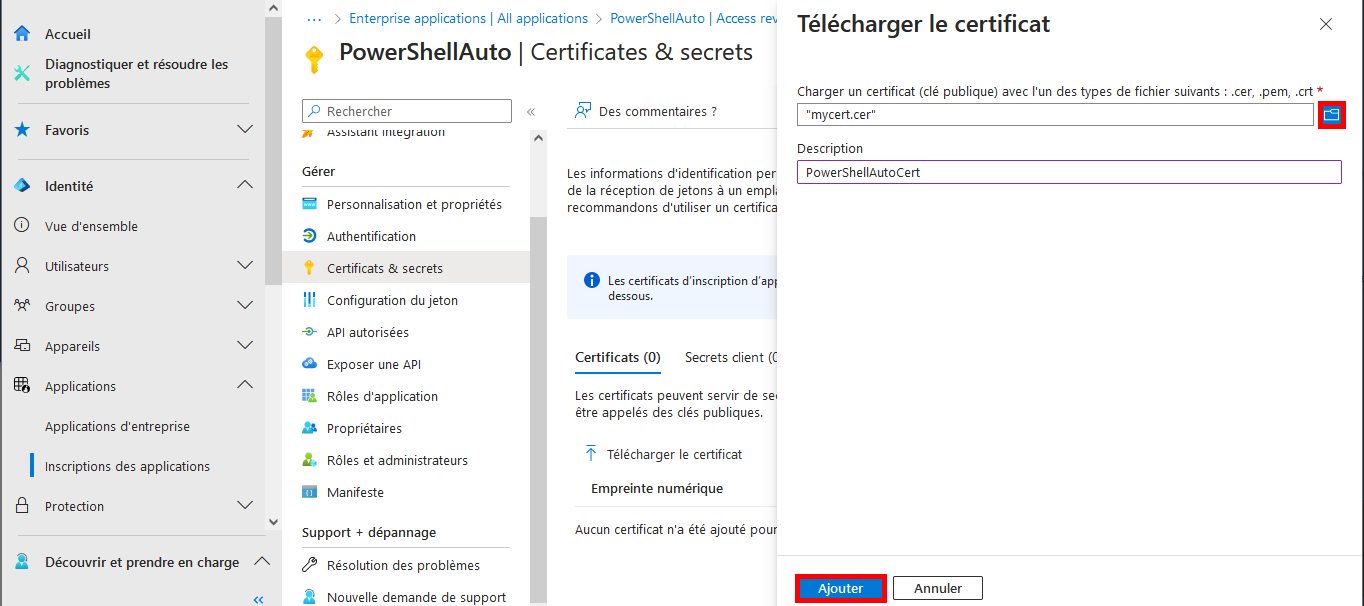 Capture d'écran de la fenêtre Télécharger le certificat dans Microsoft Entra avec le champ pour sélectionner le fichier, la description PowerShellAutoCert et le bouton Ajouter mis en évidence.