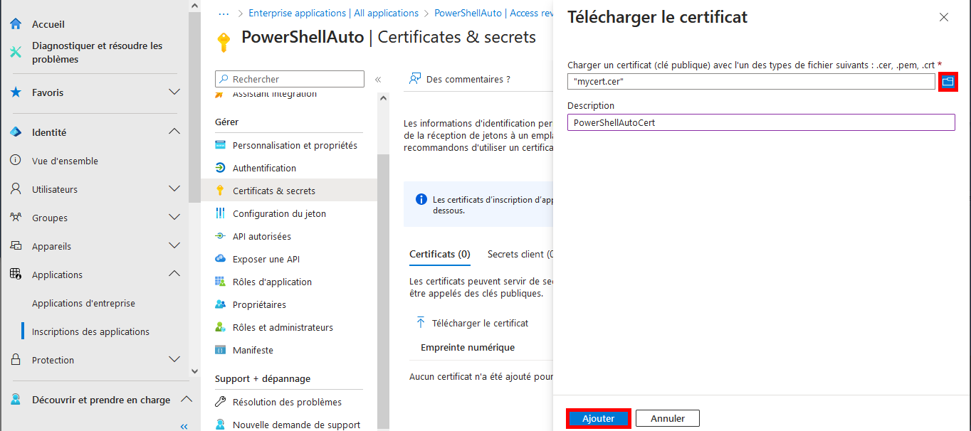 Microsoft Entra, menu certificats et secrets, télécharger le certificat
