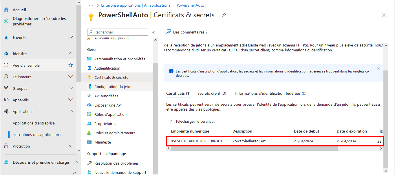 Capture d'écran de la section Certificats et secrets dans Microsoft Entra affichant le certificat PowerShellAutoCert avec son empreinte numérique, sa date de début, sa date d'expiration et son ID mis en évidence.