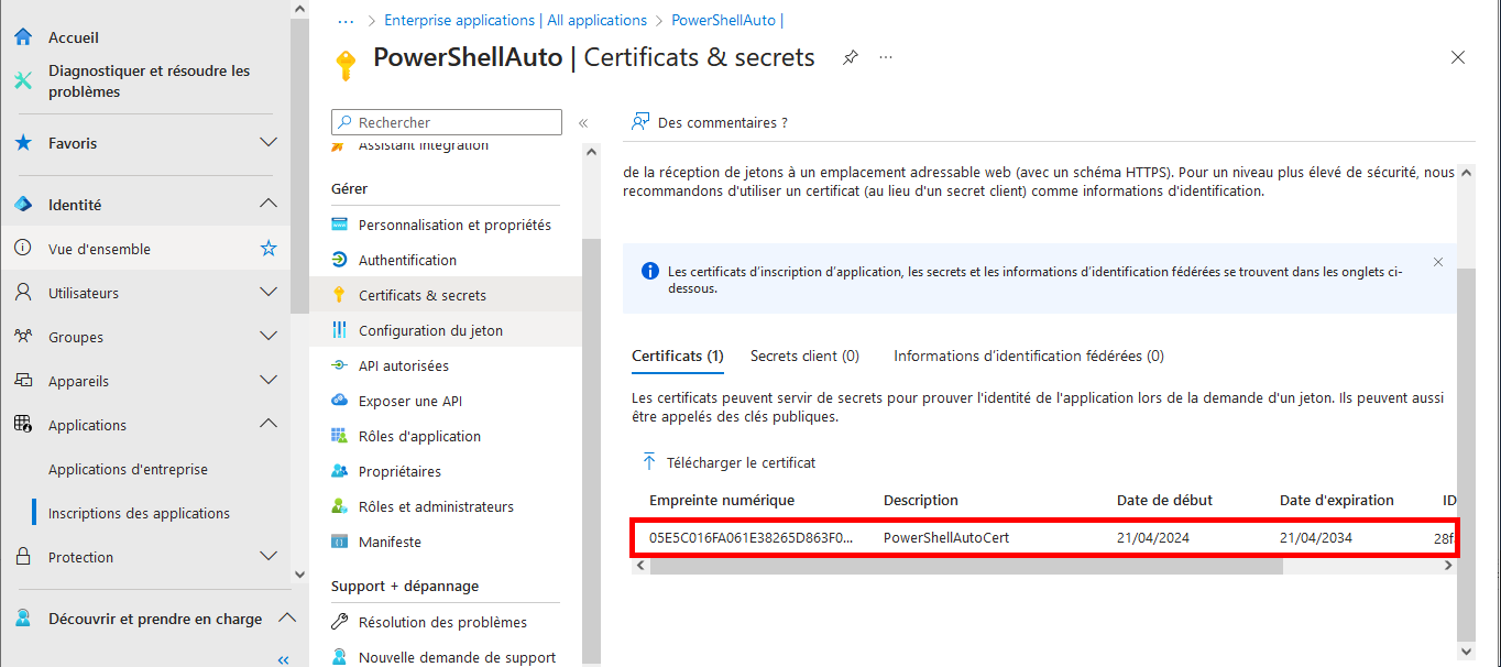 vue sur les certificats importés dans le menu certificats et secrets du portail microsoft entra