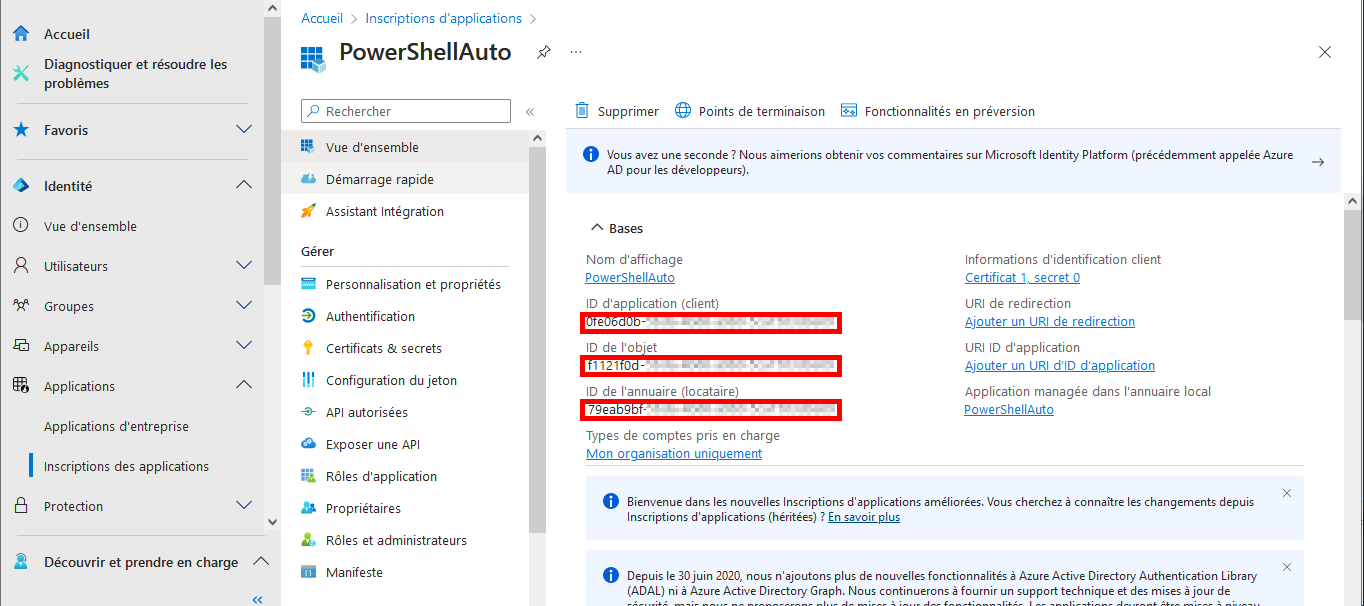 Capture d'écran de la vue d'ensemble de l'application PowerShellAuto dans Microsoft Entra, montrant les IDs d'application, d'objet et d'annuaire mis en évidence, ainsi que les options de gestion et les informations client.