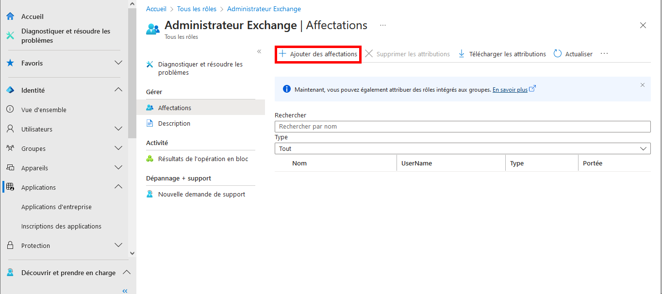 Capture d’écran de l’interface Administrateur Exchange dans Microsoft Entra, montrant le bouton Ajouter des affectations pour attribuer le rôle d’administrateur Exchange.