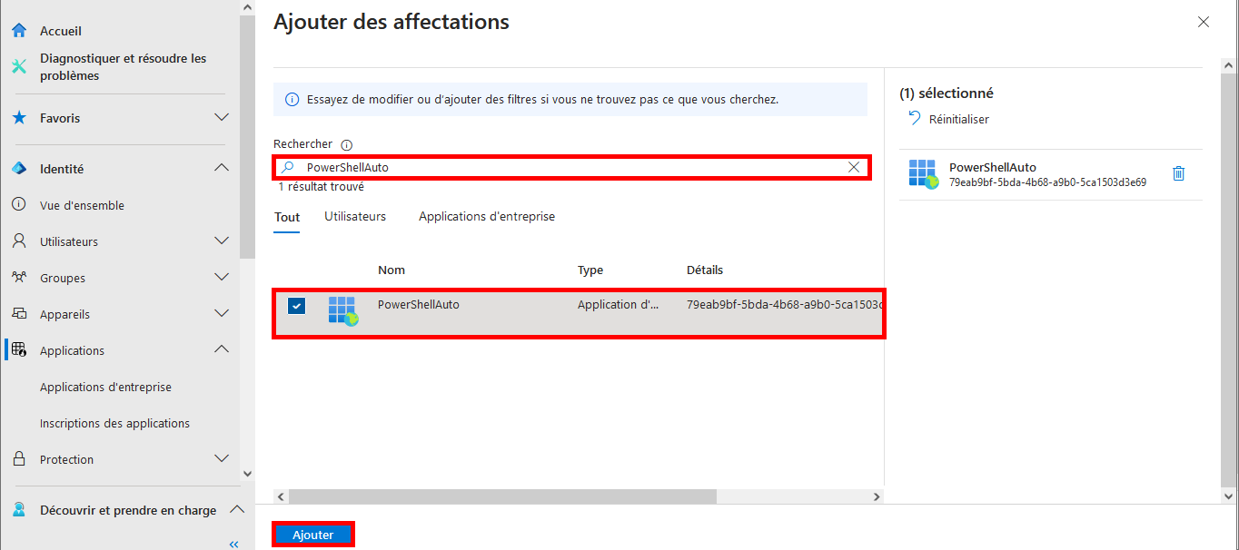 Capture d’écran du processus Ajouter des affectations dans Microsoft Entra, avec PowerShellAuto sélectionné comme application à attribuer dans le rôle d’administrateur Exchange.