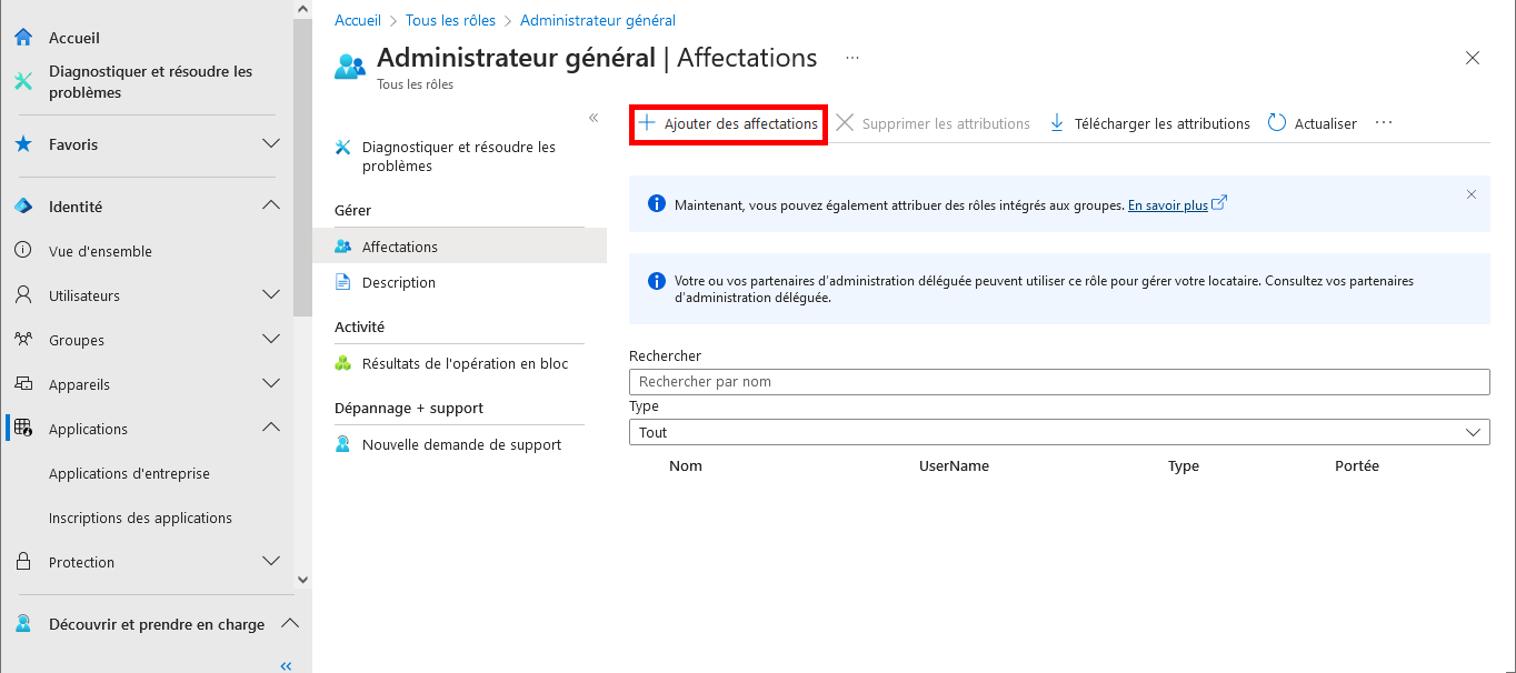 Capture d’écran de l’interface Microsoft Entra montrant la section Administrateur général avec une option Ajouter des affectations mise en évidence pour attribuer des rôles.