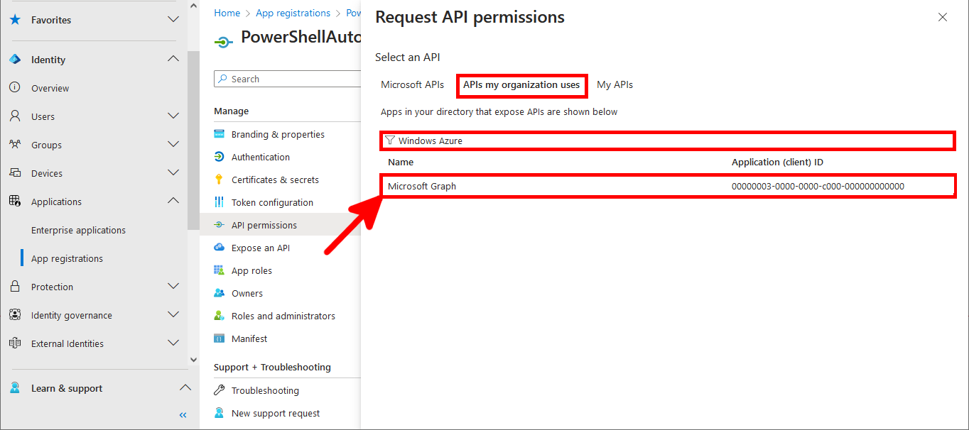 Capture d'écran de la page Request API permissions dans Microsoft Entra mettant en évidence l'onglet APIs my organization uses avec Microsoft Graph API sélectionné.