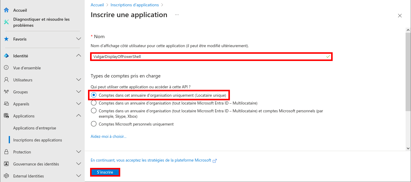 Capture d'écran de la page Inscrire une application dans Microsoft Entra avec le nom VulgarDisplayOfPowerShell et l'option Comptes dans cet annuaire d'organisation uniquement sélectionnée.