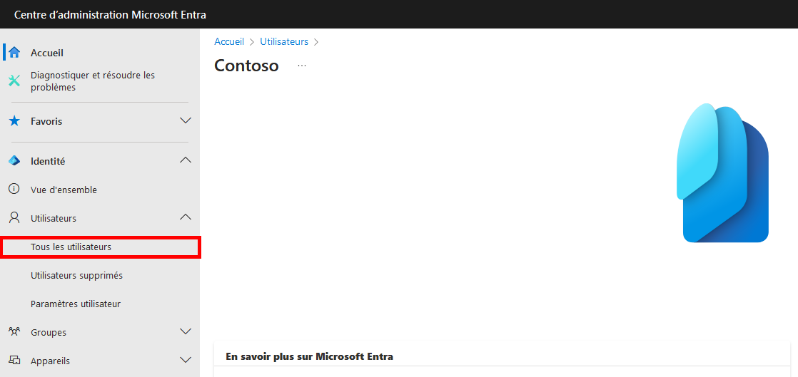 Interface du Centre d'administration Microsoft Entra affichant le panneau de navigation avec 'Tous les utilisateurs' mis en évidence sous la section 'Utilisateurs'