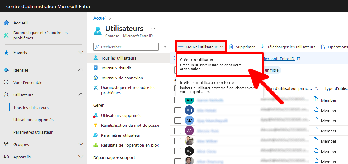 Centre d'administration Microsoft Entra affichant le menu déroulant 'Nouvel utilisateur' avec l'option 'Créer un nouvel utilisateur' mise en évidence dans la section Utilisateurs