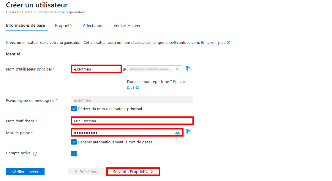 Centre d'administration Microsoft Entra écran de création d'un nouvel utilisateur avec les détails remplis pour un utilisateur nommé Eric Cartman, y compris le nom d'utilisateur, le nom d'affichage et le mot de passe
