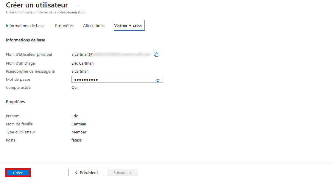 Centre d'administration Microsoft Entra écran de révision final pour la création d'un nouvel utilisateur nommé Eric Cartman avec les détails de l'utilisateur et le bouton Créer mis en évidence
