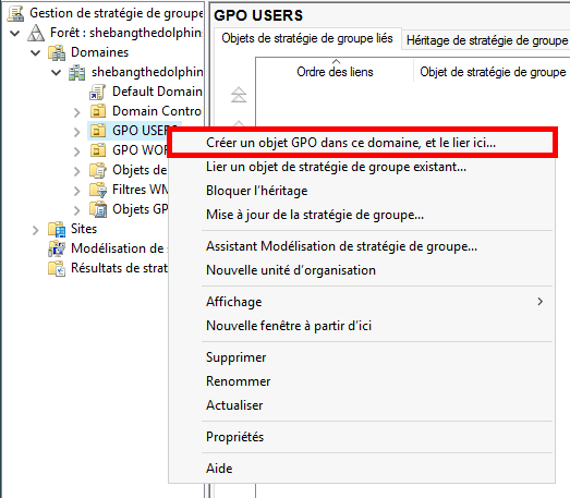 Capture d'écran de la gestion des stratégies de groupe avec l'option de créer une GPO dans le domaine et de la lier à une unité d'organisation.