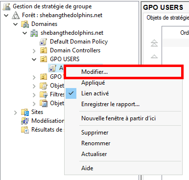 Capture d'écran de la gestion des stratégies de groupe avec l'option Modifier en surbrillance pour la GPO Auto_Shutdown.