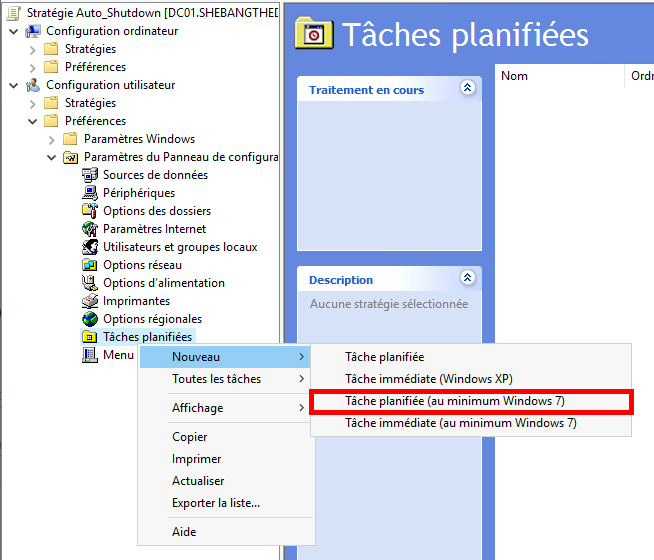 Capture d'écran de l'éditeur de gestion des stratégies de groupe avec l'option de création d'une nouvelle tâche programmée (au moins sous Windows 7) en surbrillance.