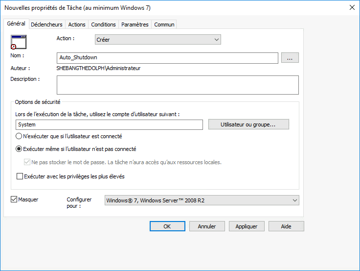 Capture d'écran de la fenêtre des propriétés de la tâche Auto_Shutdown avec les paramètres généraux, les options de sécurité et la configuration du compte d'utilisateur.