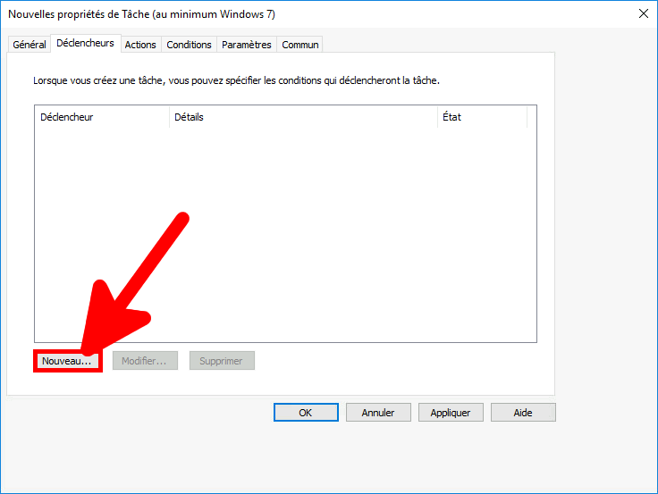 Capture d'écran de la fenêtre de propriétés Nouvelle tâche avec l'onglet Déclencheurs ouvert et le bouton Nouveau en surbrillance pour créer un déclencheur.