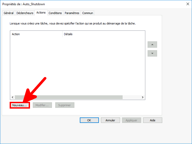 Capture d'écran de la fenêtre de propriétés Nouvelle tâche avec l'onglet Actions ouvert et le bouton Nouveau en surbrillance pour créer une nouvelle action.