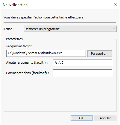 Capture d'écran de la fenêtre Nouvelle action avec le programme shutdown.exe configuré pour arrêter l'ordinateur en utilisant l'argument /s /t 0.