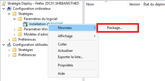 L'éditeur de gestion de la politique de groupe avec l'option de créer un nouveau paquet d'installation de logiciel