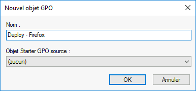 Nouvelle boîte de dialogue de création de GPO avec le nom « Deploy - Firefox » saisi