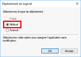 Boîte de dialogue Déployer un logiciel avec la méthode de déploiement assignée sélectionnée