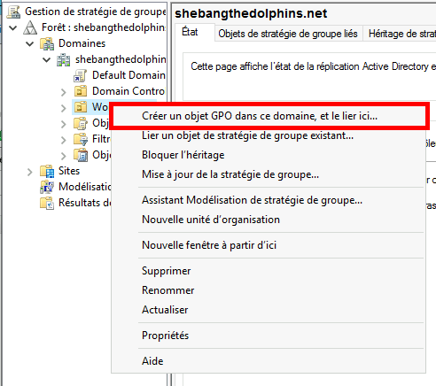 Fenêtre de gestion de la stratégie de groupe avec possibilité de créer et de lier une nouvelle GPO dans le domaine