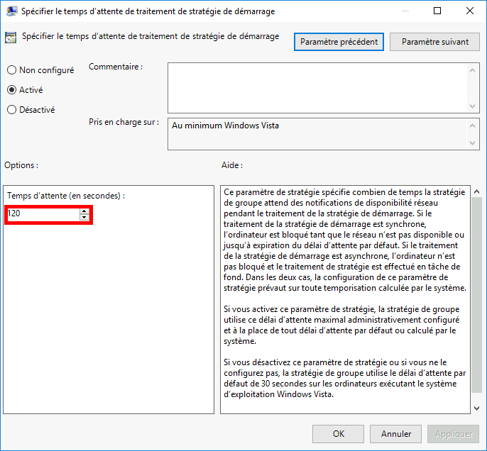 Paramètre de stratégie de groupe permettant de spécifier le temps d'attente pour le traitement de la politique de démarrage