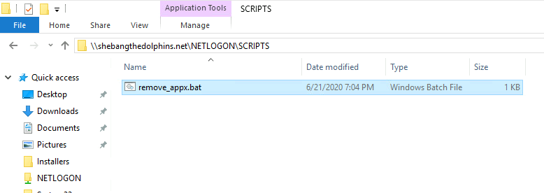 Capture d'écran du dossier des scripts de NETLOGON montrant un fichier batch nommé remove_appx.bat.