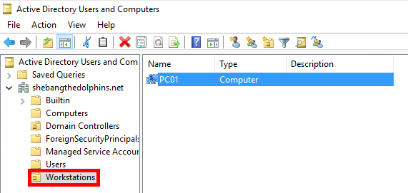 Capture d'écran d'Active Directory Users and Computers avec le dossier Workstations sélectionné, montrant un ordinateur nommé PC01.