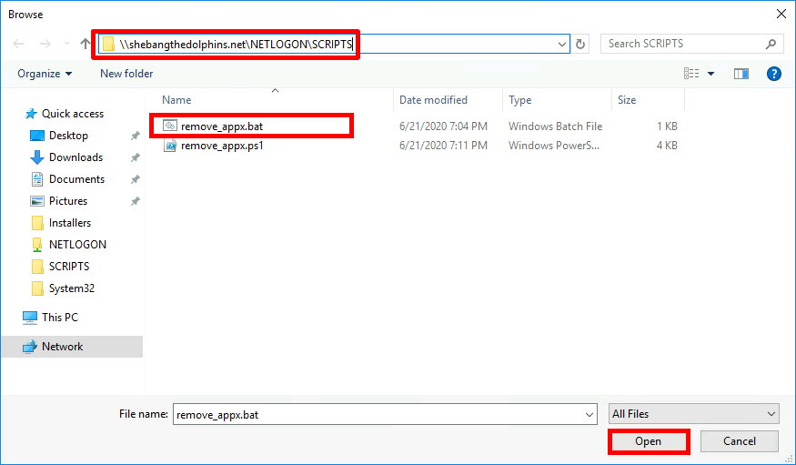 Capture d'écran de la boîte de dialogue du navigateur de fichiers montrant le dossier des scripts NETLOGON avec remove_appx.bat sélectionné et le bouton Ouvrir en surbrillance.
