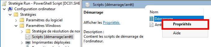 Capture d'écran de l'éditeur de gestion de stratégie de groupe montrant le script « Démarrage » avec l'option « Propriétés » en surbrillance.