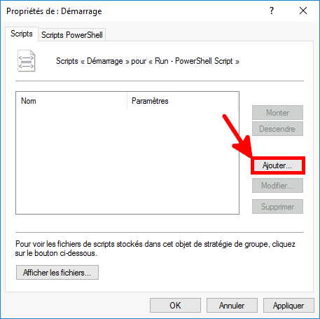 Capture d'écran de la boîte de dialogue Propriétés du démarrage avec une flèche pointant vers le bouton « Ajouter » permettant d'ajouter un nouveau script.