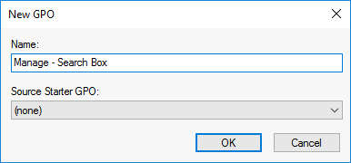 Screenshot of the New GPO dialog box with 'Manage - Search Box' entered as the name, and no Source Starter GPO selected.
