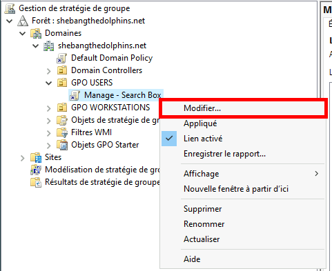 Capture d'écran du menu contextuel de la gestion de la stratégie de groupe avec l'option « Modifier » en surbrillance pour une GPO sélectionnée.